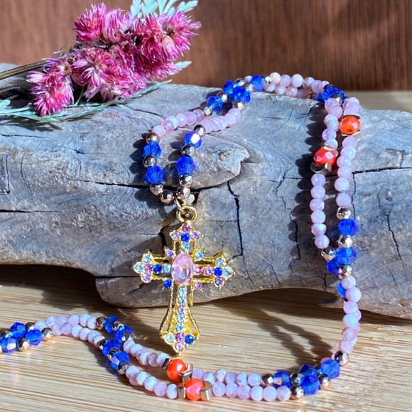 Rhodochrosite with Austrian Crystals Christian Cross Necklace - Picture 7 of 11